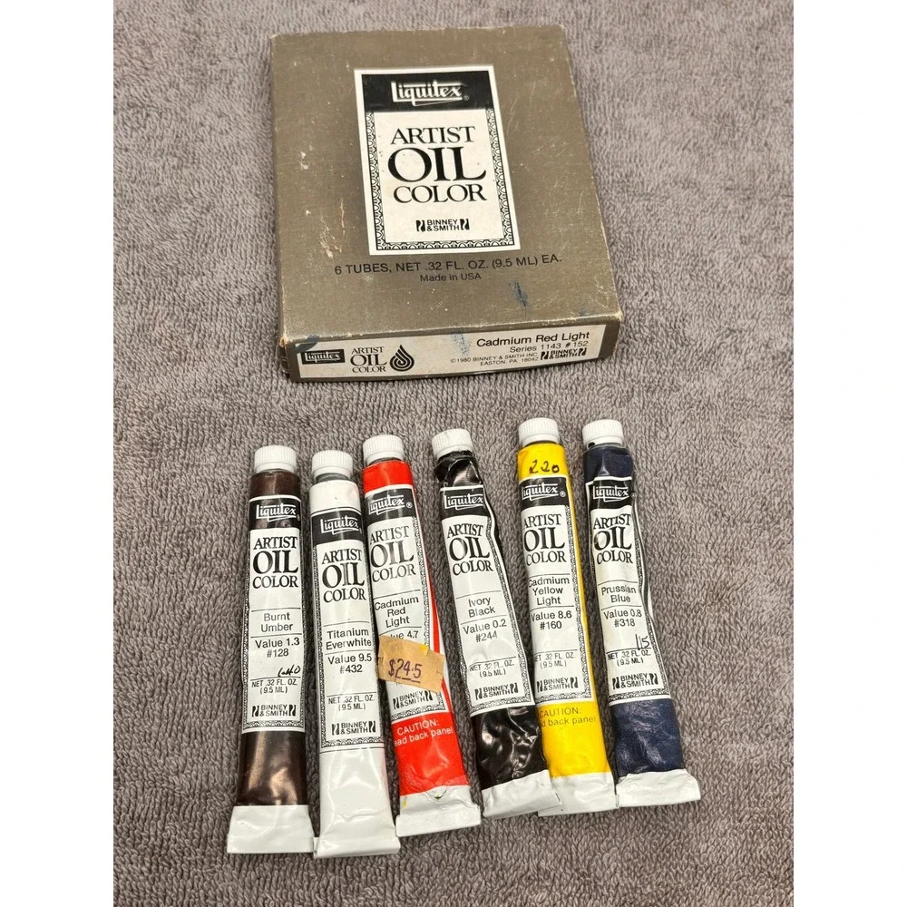 Vintage Liquitex Artist Oil Color Paint Set 6 Tubes Binney & Smith USA w/ Box